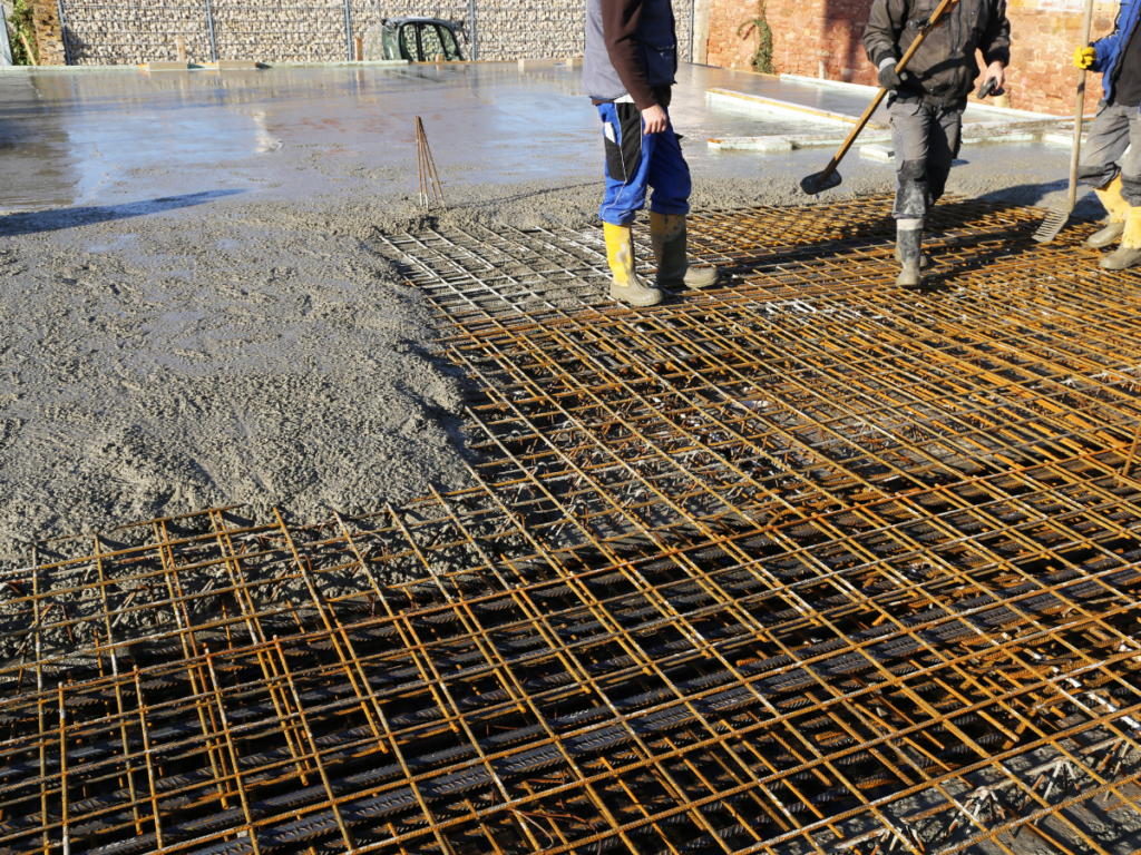 Workers pouring concrete over steel reinforcement mesh