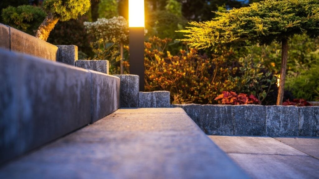 A close-up view of stone steps and a paved landing in an evening garden