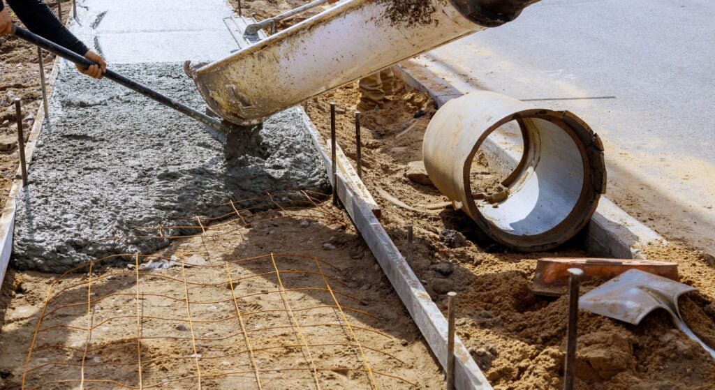 Workers pouring concrete into footpath formwork with mesh