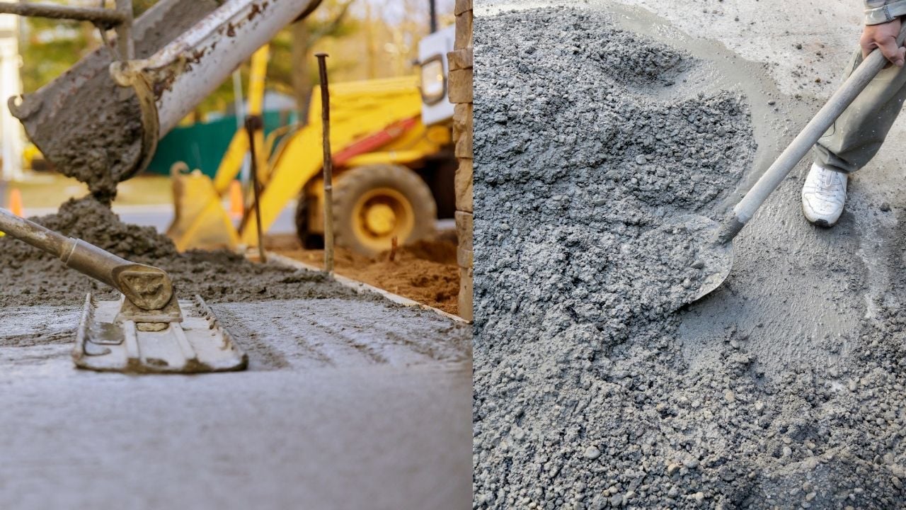 This composite image illustrates two phases of concrete use.