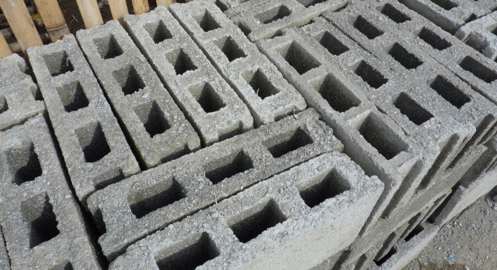 Stacked concrete masonry blocks at construction site