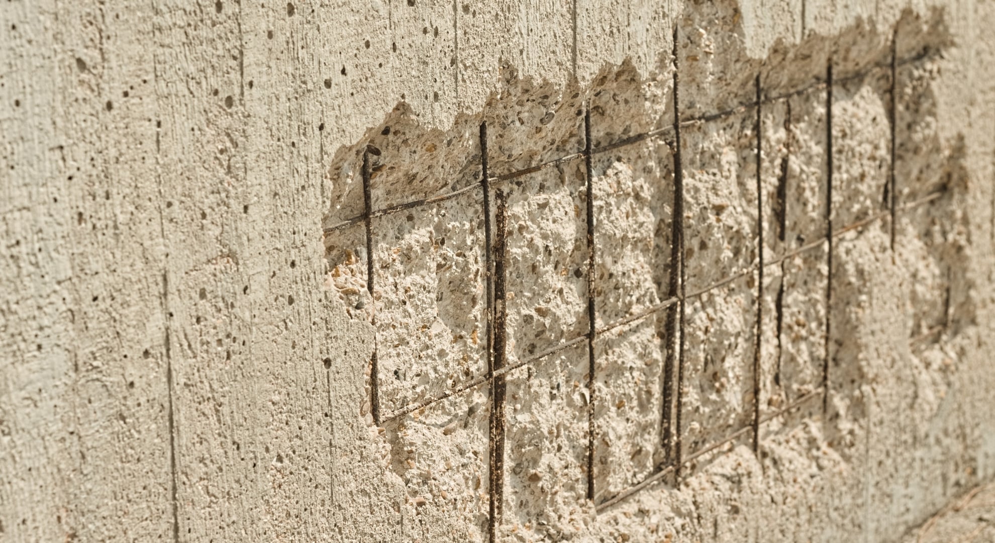A damaged concrete wall with visible rebar and crumbling concrete