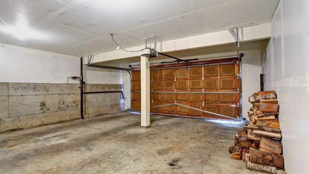 Empty double garage with wooden door and firewood