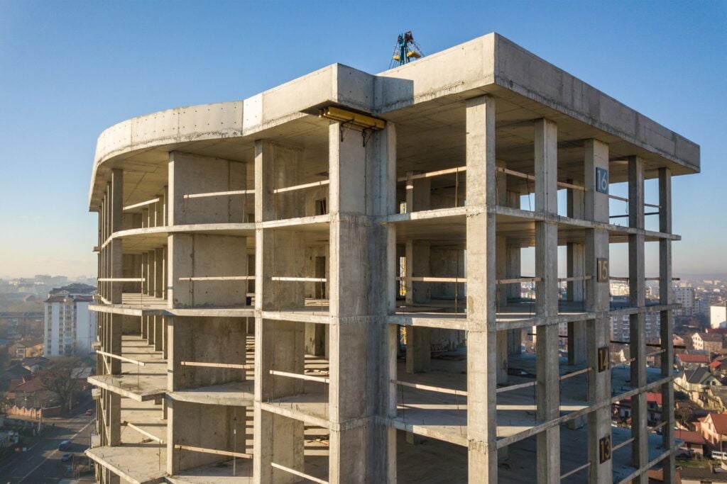 Unfinished concrete high-rise building under construction