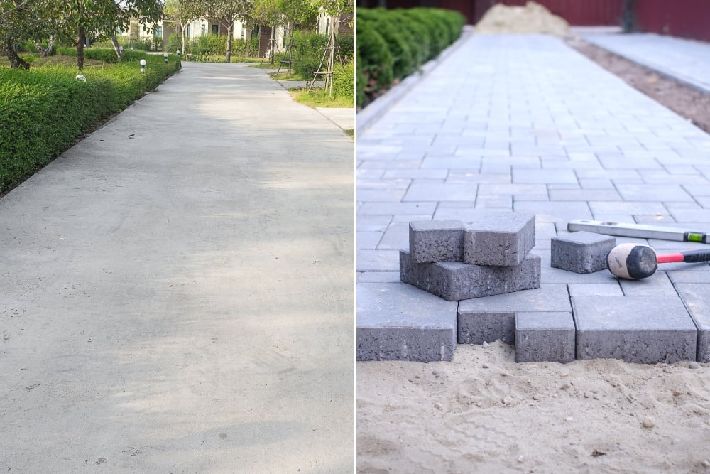 A side-by-side comparison of a wide, smooth concrete pathway bordered by green hedges on the left, and a grey brick paver walkway.