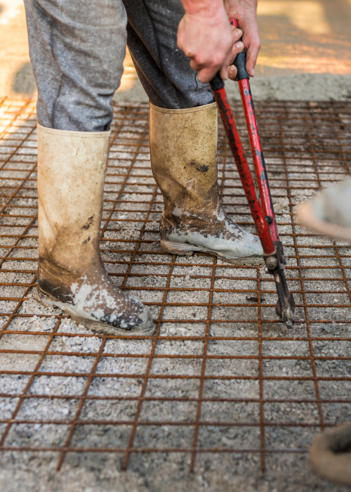 Worker cutting steel reinforcement mesh with bolt cutters