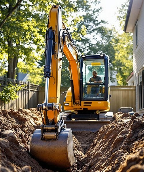 Small excavator digging trench in residential backyard